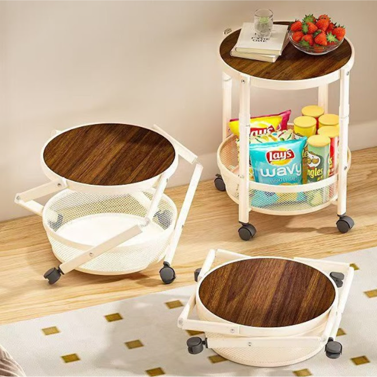 Premium Dual-Layer Rolling Side Table & Foldable Storage Trolley with Mesh Basket, Mobile Snack Organizer Cart with Swivel Wheels, Walnut Round Tabletop Metal Utility Stand for Living Room Bedroom Kitchen Office 52CM