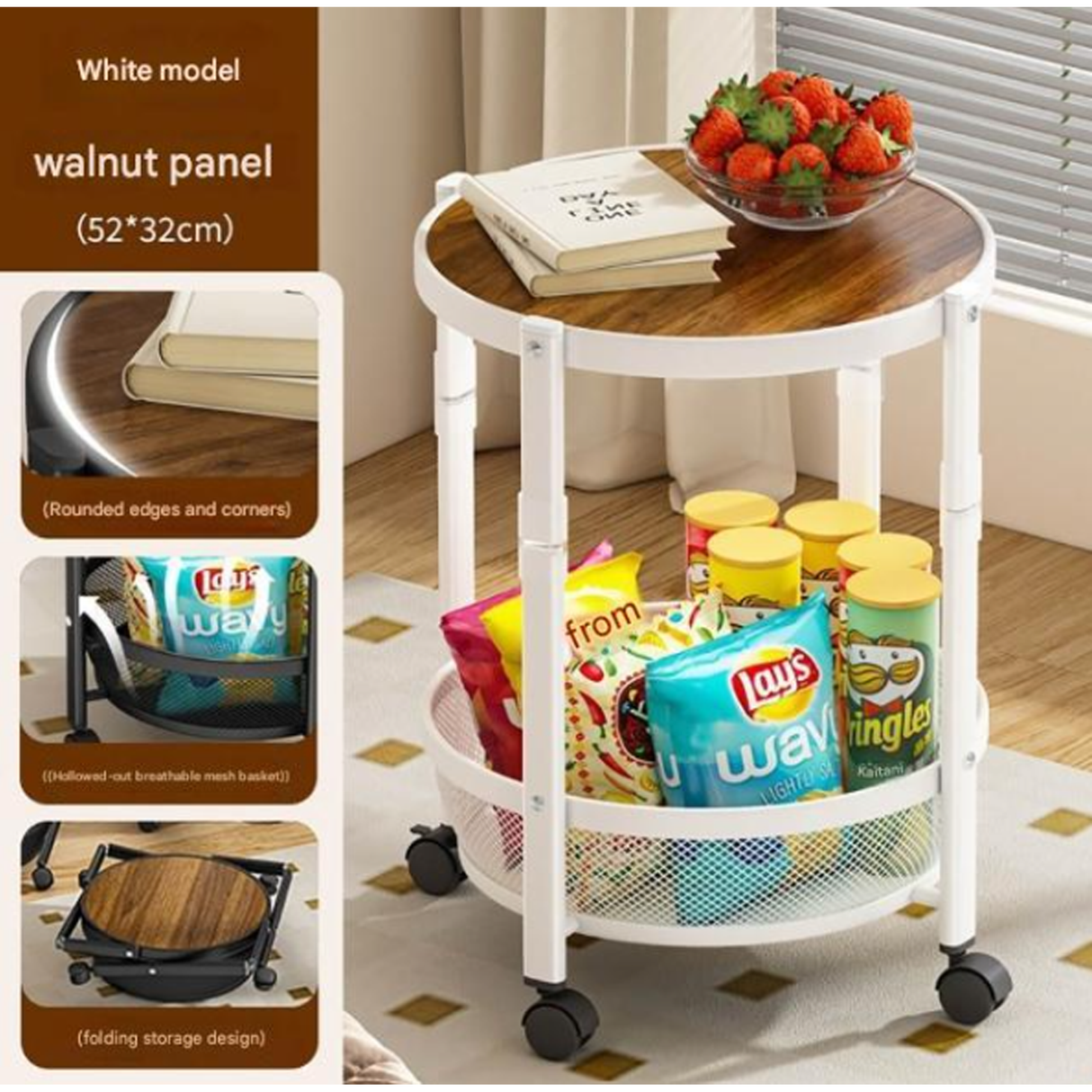 Premium Dual-Layer Rolling Side Table & Foldable Storage Trolley with Mesh Basket, Mobile Snack Organizer Cart with Swivel Wheels, Walnut Round Tabletop Metal Utility Stand for Living Room Bedroom Kitchen Office 52CM