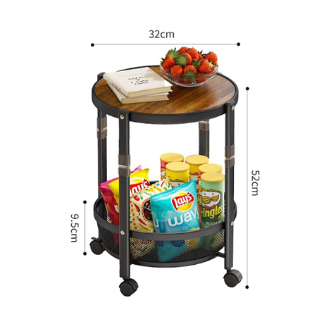 Premium Dual-Layer Rolling Side Table & Foldable Storage Trolley with Mesh Basket, Mobile Snack Organizer Cart with Swivel Wheels, Walnut Round Tabletop Metal Utility Stand for Living Room Bedroom Kitchen Office 52CM