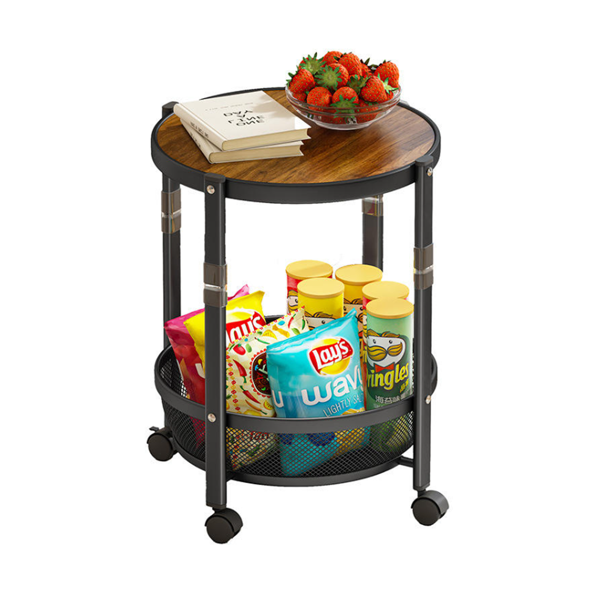 Premium Dual-Layer Rolling Side Table & Foldable Storage Trolley with Mesh Basket, Mobile Snack Organizer Cart with Swivel Wheels, Walnut Round Tabletop Metal Utility Stand for Living Room Bedroom Kitchen Office 52CM
