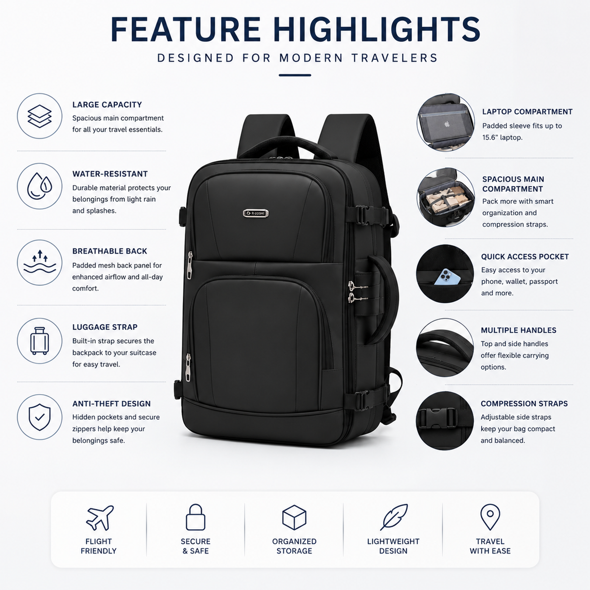 Premium Travel Backpack – Large Capacity Carry-On Backpack - CARYONBP-EOKK