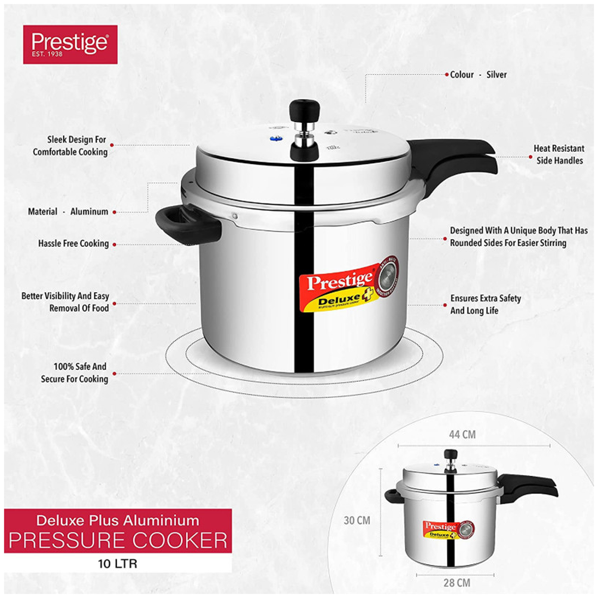 Prestige Deluxe Plus Pressure Cooker - 10L - Silver