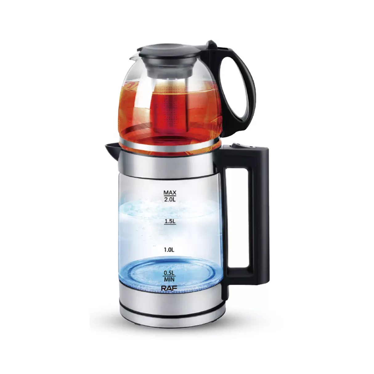 راف ‎0.8‎ لتر + ‎2‎ لتر 2 في 1 غلاية سماور كهربائية مزدوجة الزجاج مع قاعدة طاقة دوارة ‎360°‎ للتسخين الفوري