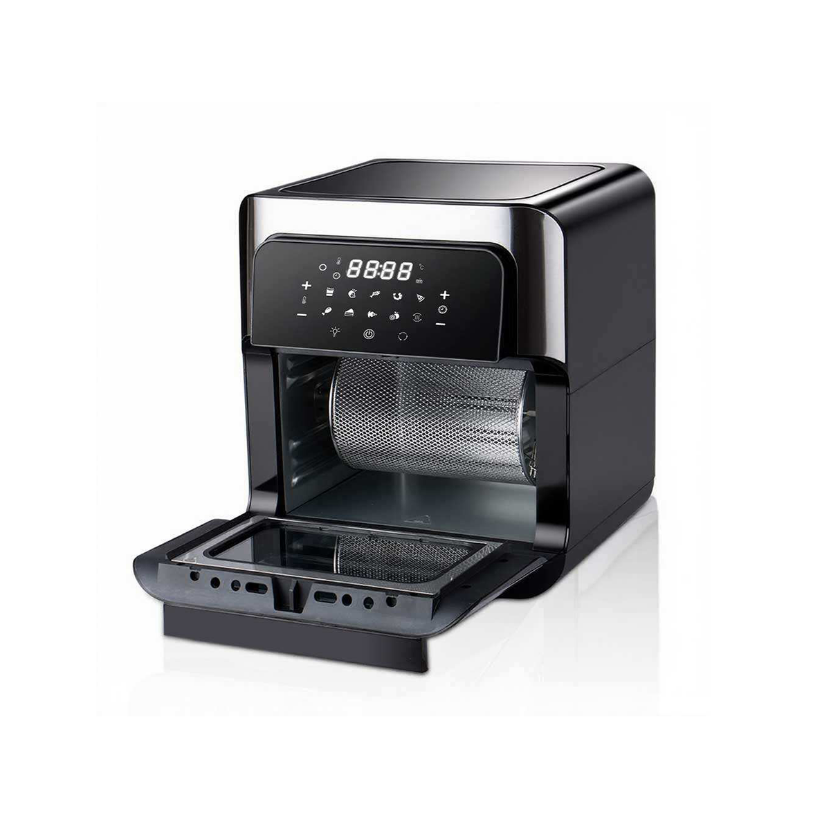 راف فرن قلاية هوائية رقمية بسعة 12 لتر مع سيخ شوي (روتيسيري)، بقدرة 1800 واط، تحكم بشاشة لمس وتقنية تدوير الهواء الساخن 360° – R.5152