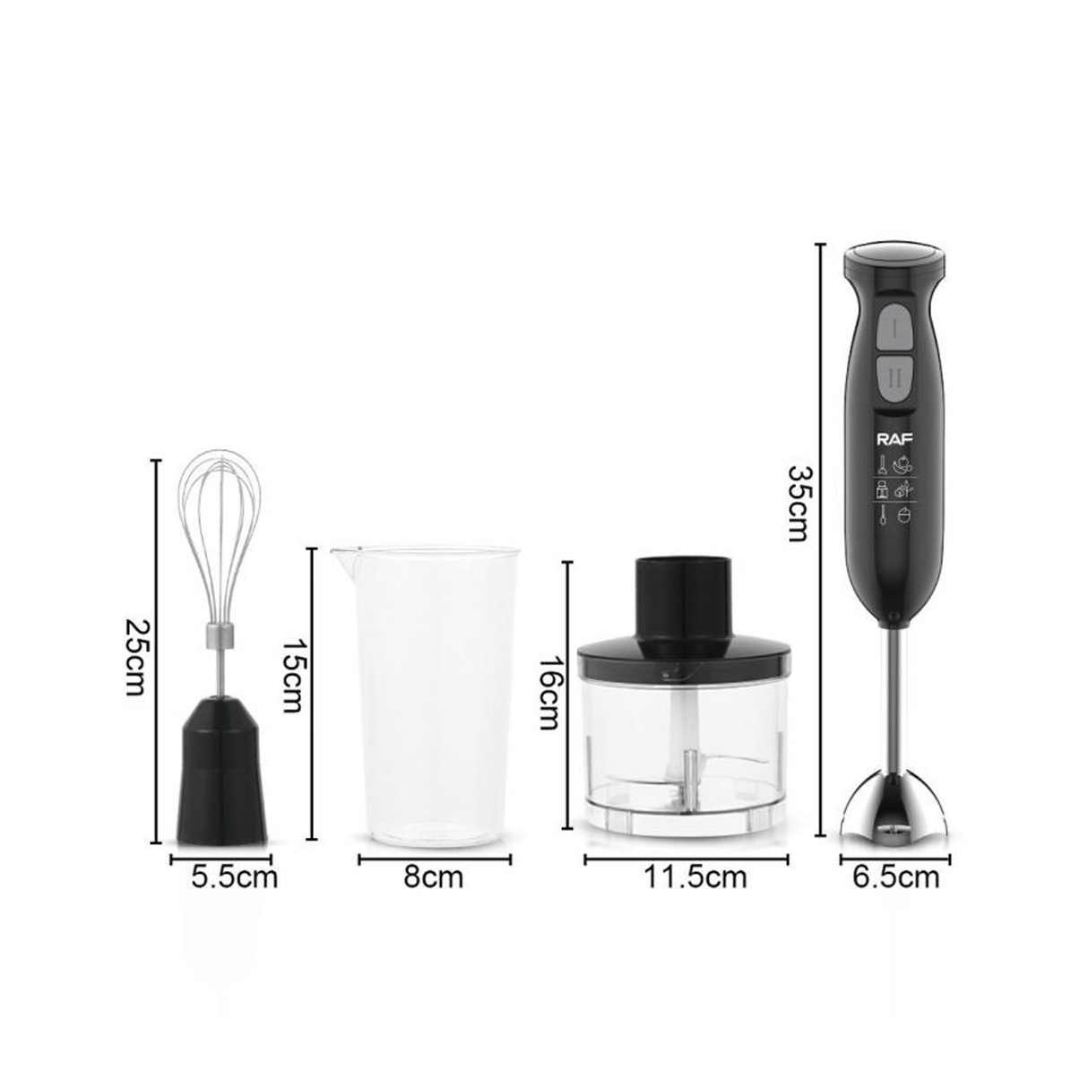 راف خلاط يدوي متعدد الوظائف 4 في 1  (خلاط، مفرمة، مضرب، خلاط مزج) – بقدرة 340 واط، عصا ستانلس ستيل بسرعتين وكأس 600 مل