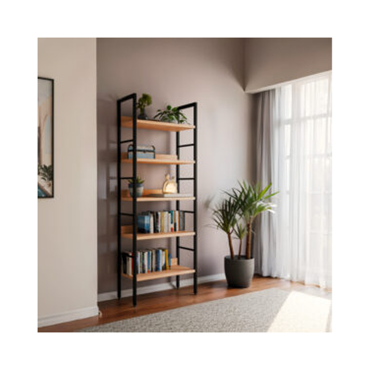Ramon Bookcase – Wood & Black Steel, 60 × 28 × 160 cm