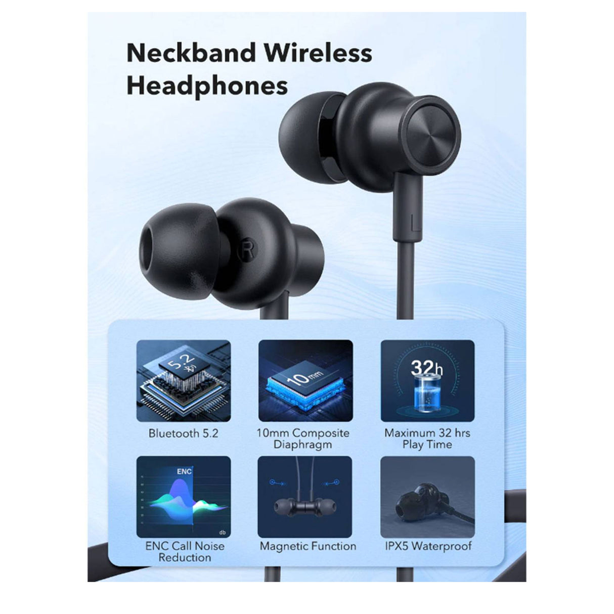 Ravpower Rp-Bh1008 Neckband Wireless Stereo Earphones Ipx5 Waterproof