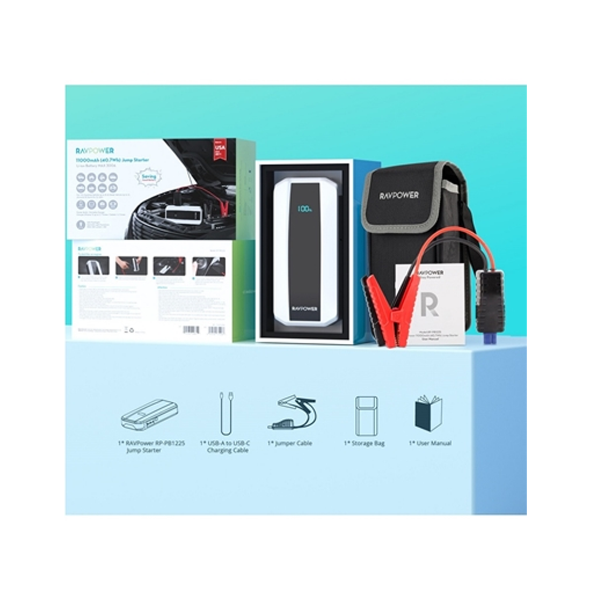 Ravpower 11000mAh (40.7Wh) Jump Starter - White With Black