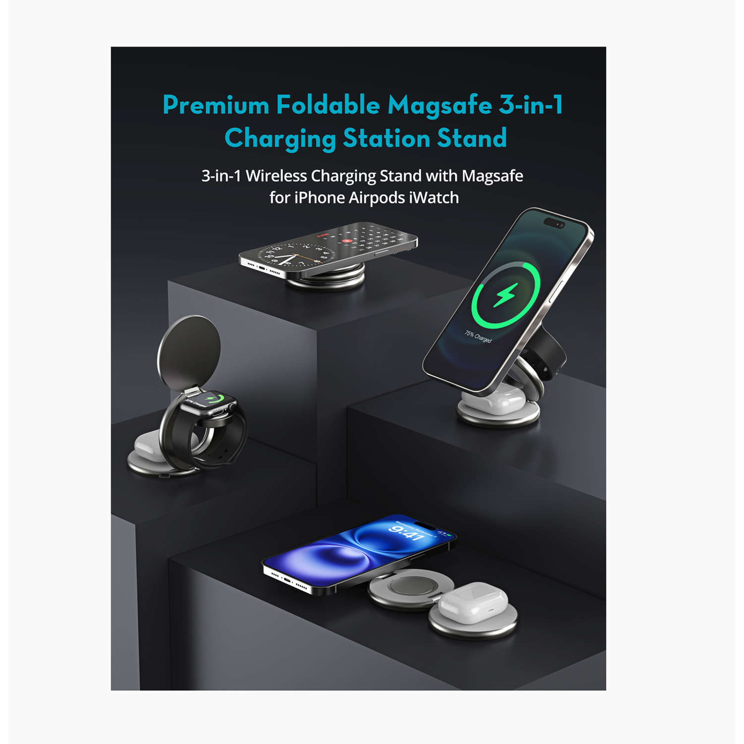 Ravpower Rp-Wc1008 Premium Foldable 3 In 1 Wireless Charger 15W - Gray