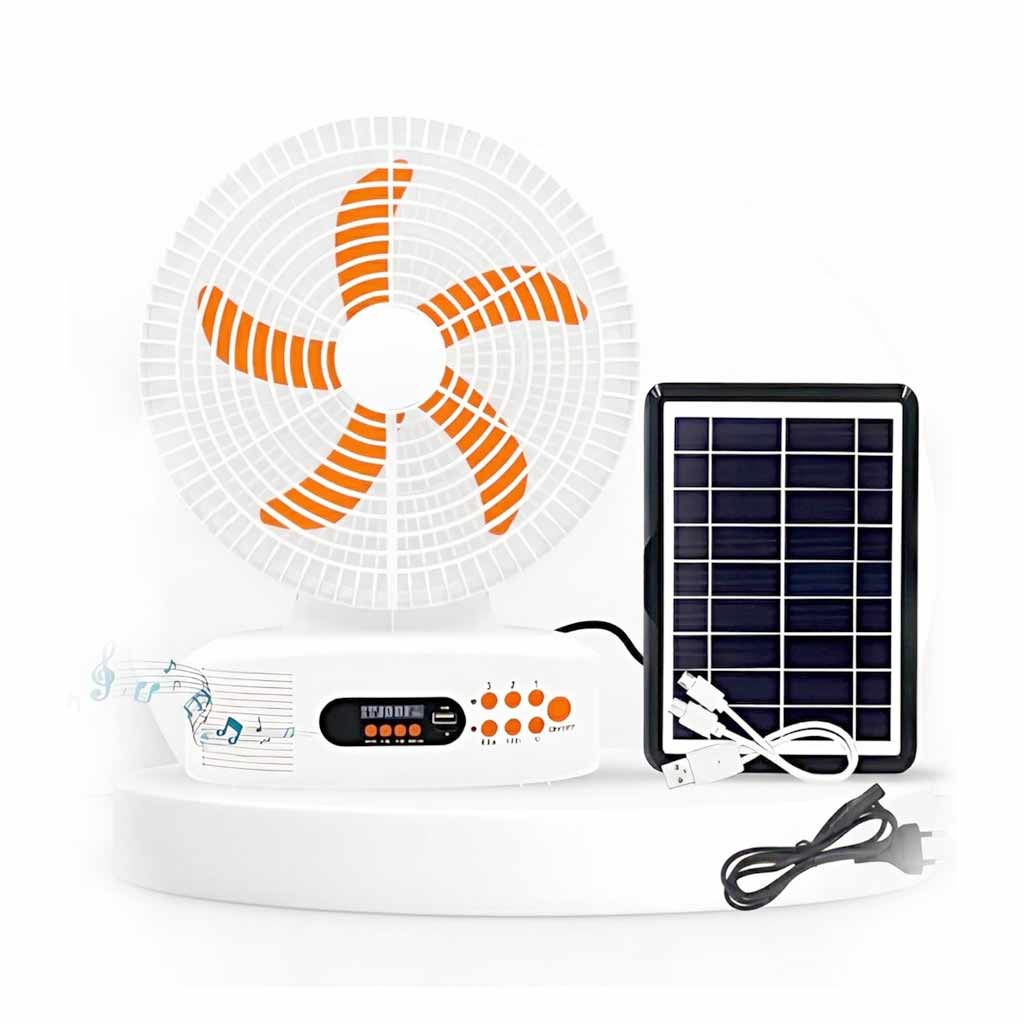 مروحة قابلة لإعادة الشحن مزودة بسماعة بلوتوث، وإضاءة LED، وشحن بالطاقة الشمسية - تعمل بالتيار المتردد/المستمر مع راديو مدمج وبطارية متنقلة