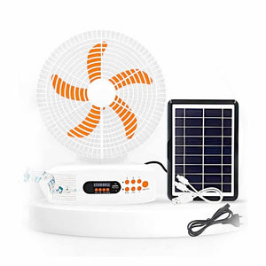 مروحة قابلة لإعادة الشحن مزودة بسماعة بلوتوث، وإضاءة LED، وشحن بالطاقة الشمسية - تعمل بالتيار المتردد/المستمر مع راديو مدمج وبطارية متنقلة