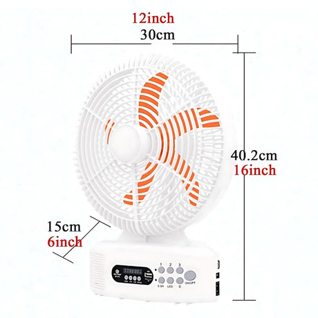 Rechargeable Fan with Bluetooth Speaker, LED Light & Solar Charging – AC/DC Powered with Built-in Radio & Power Bank