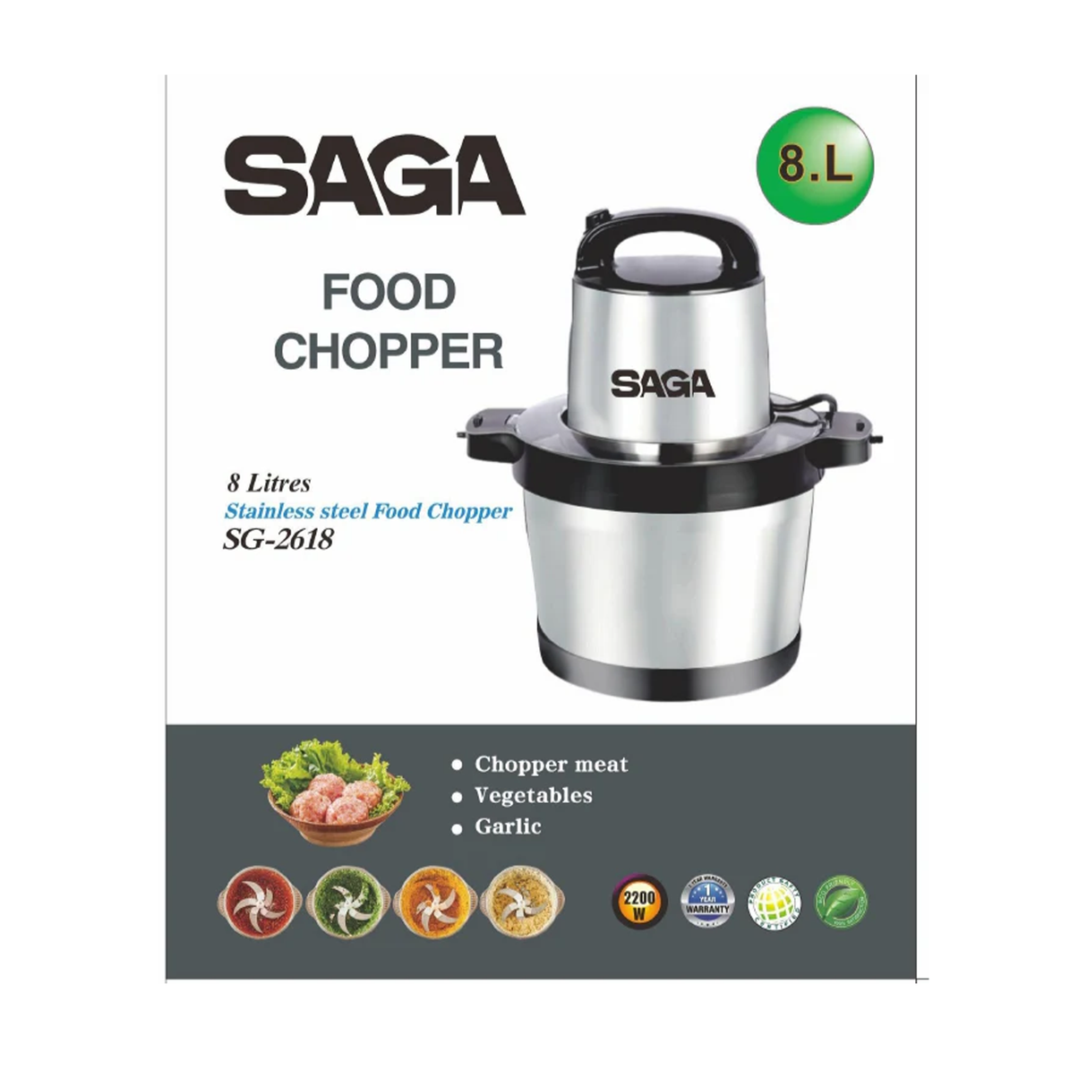 SAGA Food Chopper With 4 Stainless Steel Blades & 2-Speed Control 8L  - SG-2618
