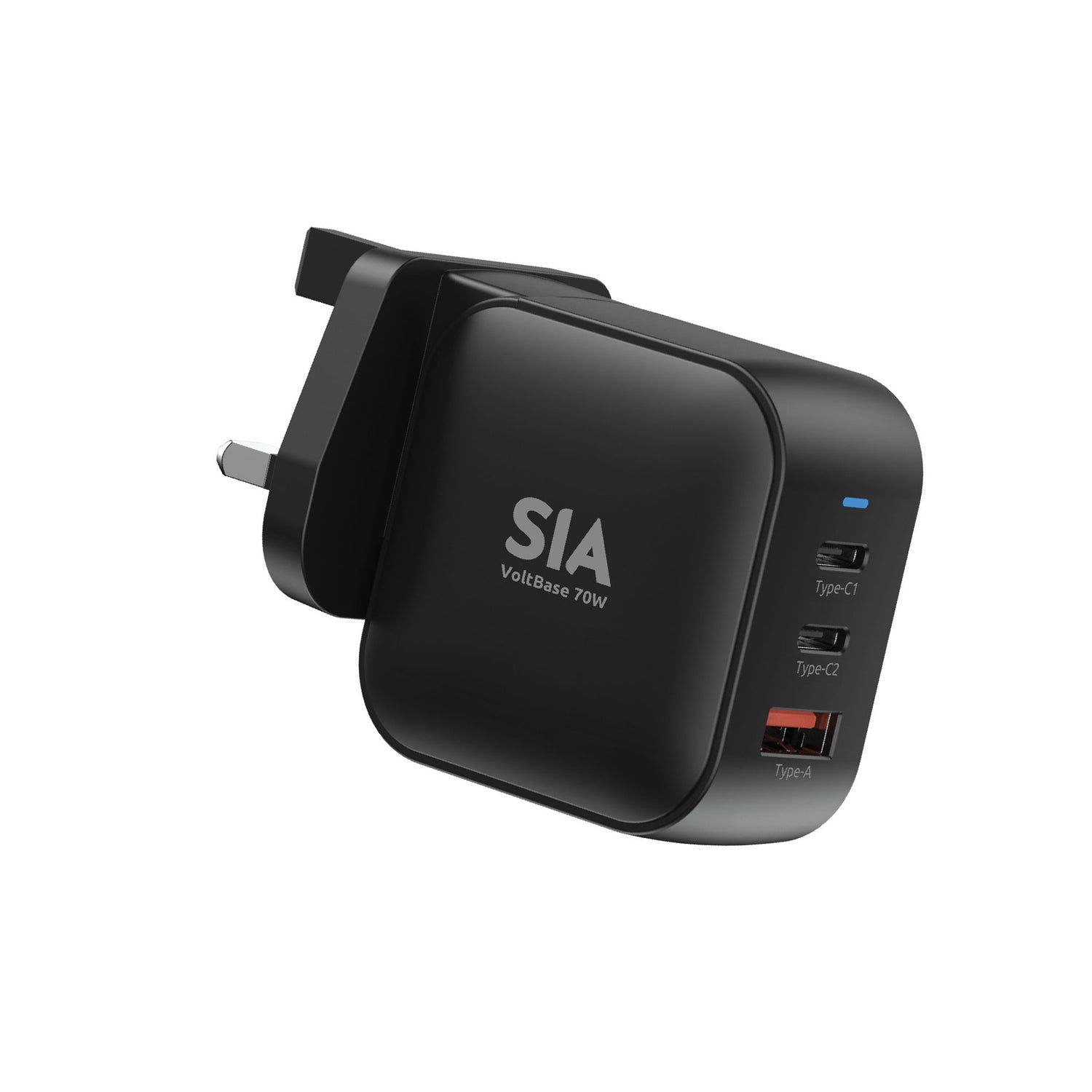 SIA Wall Charger Gan PPD/PPS/QC 70W 2 Type-C Ports + USB-A Port Black -Uk
