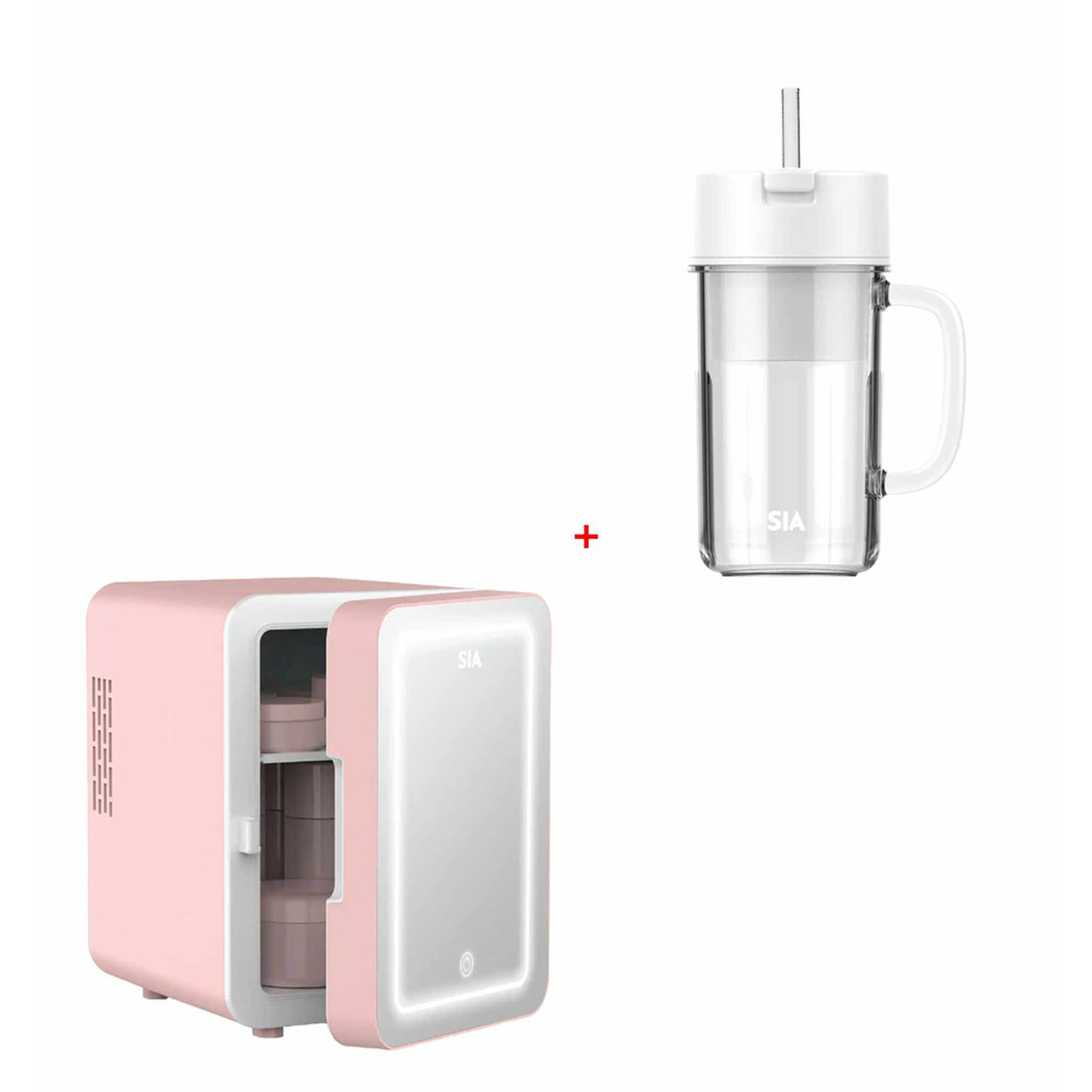 SIA Min Fridge 4l With Led Light - Pink + SIA Portable Blender Cup 400ml Rechargable - White