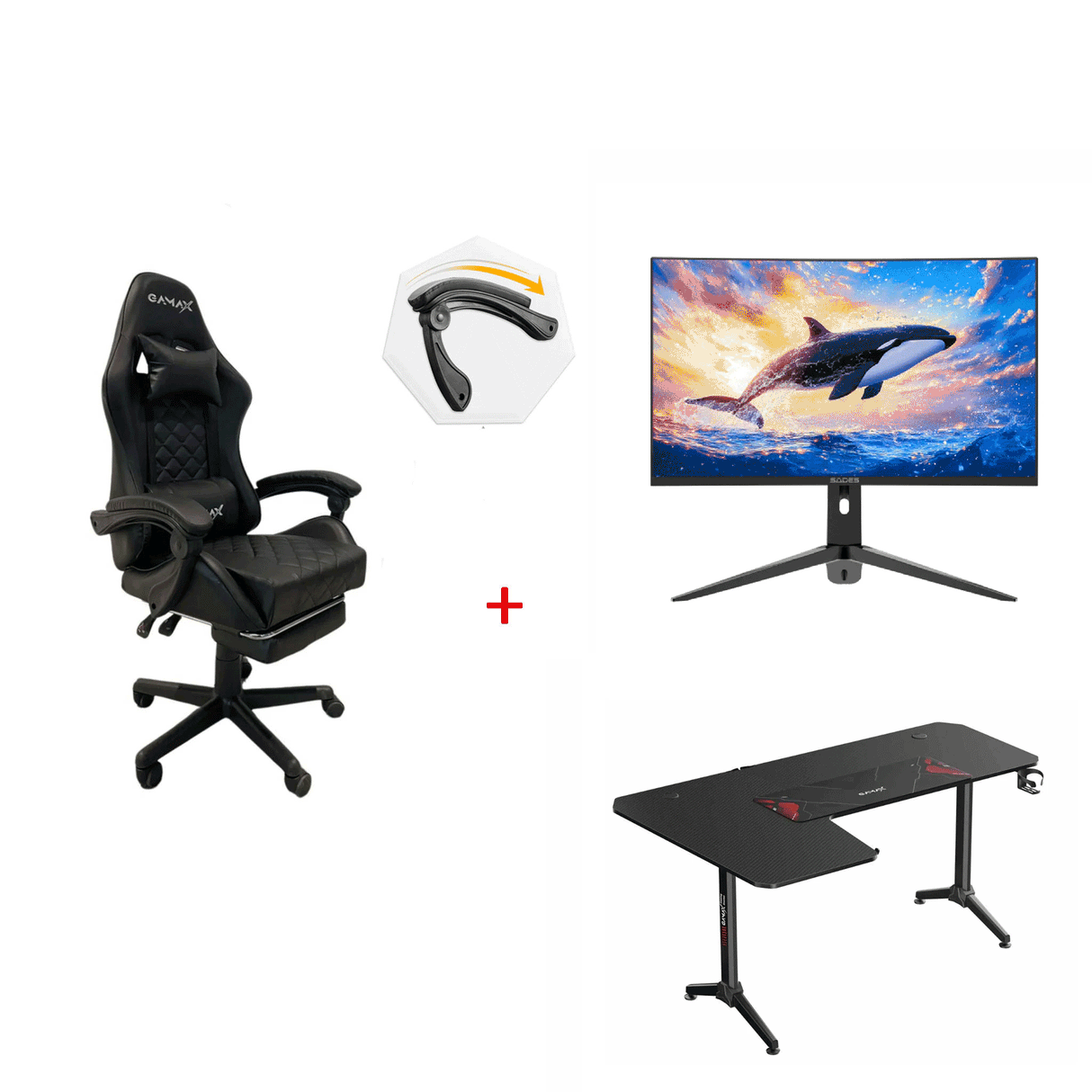 سيدس KL-Whale شاشة ألعاب منحنية مقاس 27 بوصة كيو اتش دي في ايه - 180Hz - 1مللي ثانية - HDMI 2.1 - أسود مع مكتب ألعاب على شكل L من الجهة اليسرى وكرسي ألعاب
