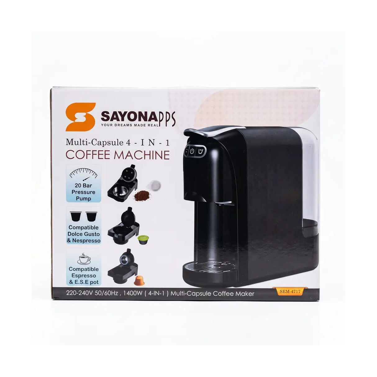 Sayona pps 4-in-1 Multi - Capsule Coffee Machine – 1400W Power for Professional Coffee Preparation - SEM-4717