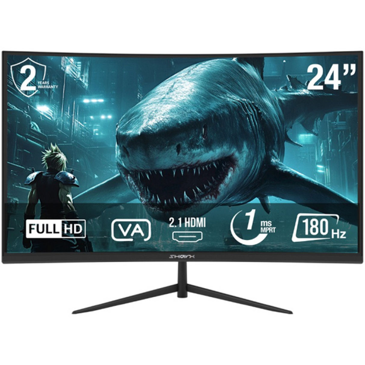 شاركس جوز 24 اف180في سي بقياس 24 بوصة بدقة فل اتش دي في إيه ومعدل تحديث 180 هرتز وزمن استجابة 1 مللي ثانية مزودة بمنفذ إتش دي إم آي 2.1 وإضاءة خلفية متزامنة وتدعم تقنيتي فري سينك وجي سينك شاشة منحنية مخصصة للألعاب 