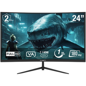 شاركس جوز 24 اف180في سي بقياس 24 بوصة بدقة فل اتش دي في إيه ومعدل تحديث 180 هرتز وزمن استجابة 1 مللي ثانية مزودة بمنفذ إتش دي إم آي 2.1 وإضاءة خلفية متزامنة وتدعم تقنيتي فري سينك وجي سينك شاشة منحنية مخصصة للألعاب 