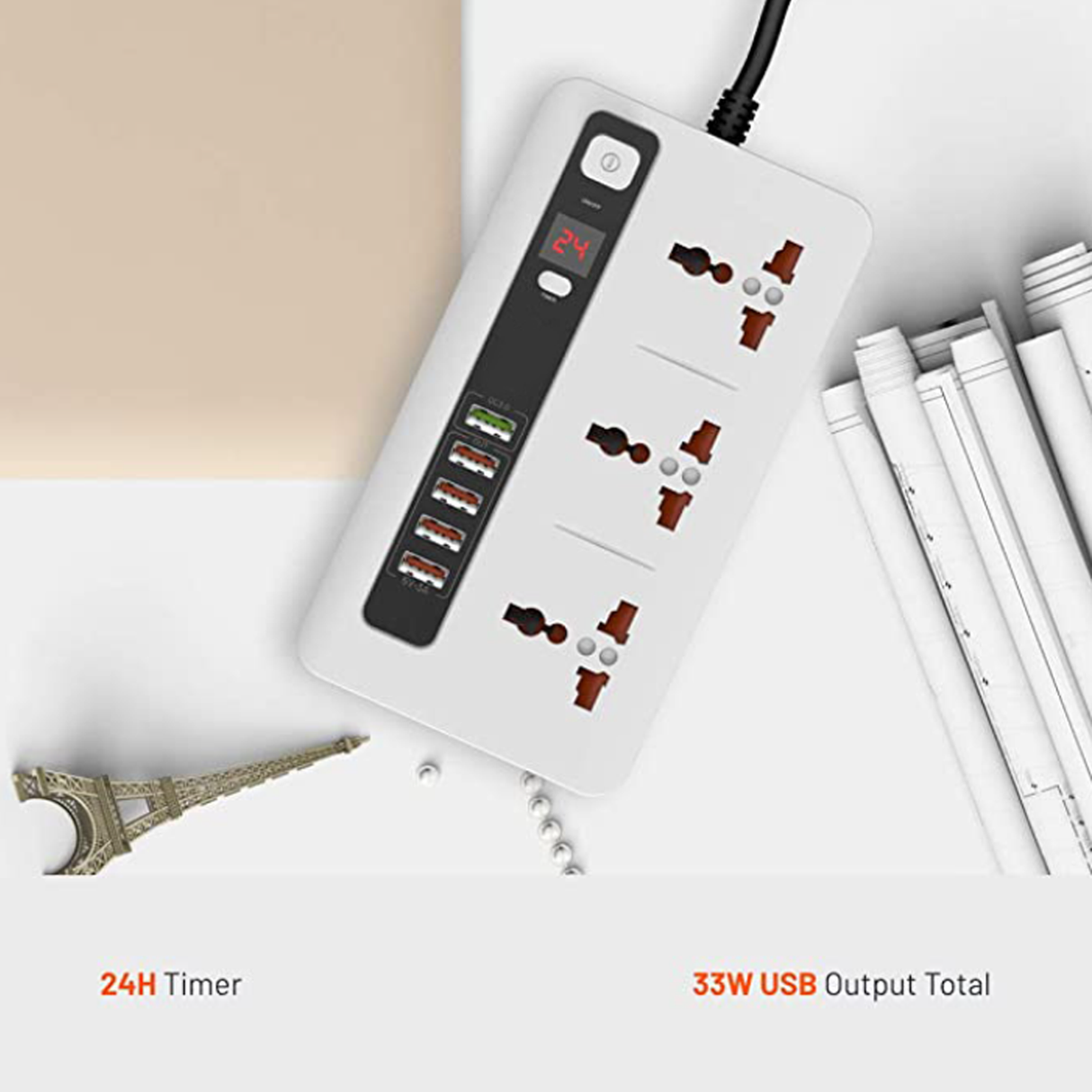Smart Power Socket Extension Strip with 5 USB Fast Charging Ports and 3 Universal Power Sockets - 2 Meter Length