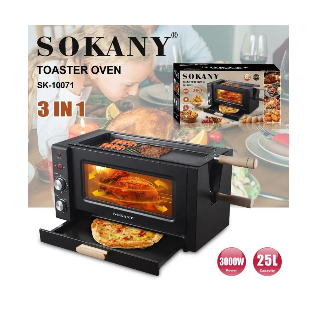 Sokany 3-in-1 Electric Toaster Oven With Grill Bake & Roast Functions and 60-Minute Timer – Heavy-Duty Metal Body - 25L Capacity & 3000W Power