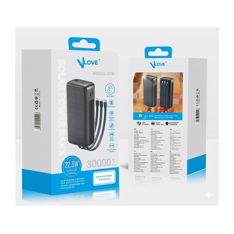Solar Powered 30000mAh Power Bank With 4 Built-In Cables and Integrated Solar Panel