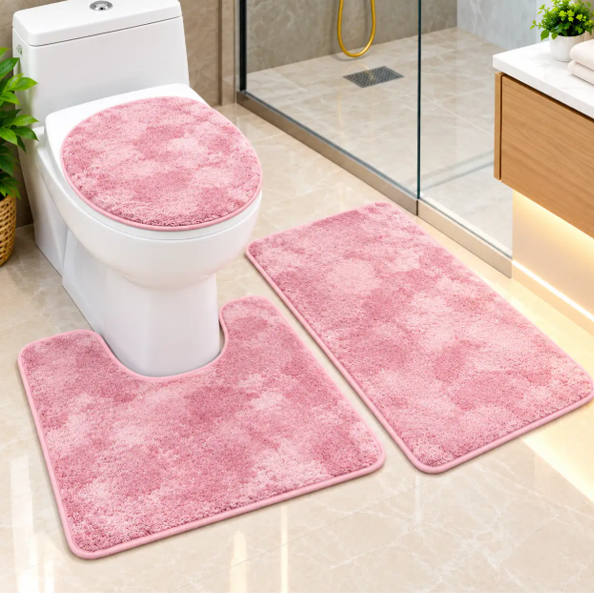 3-Piece Non-Slip Bathroom Mat Set with Toilet Seat Cover - Pink