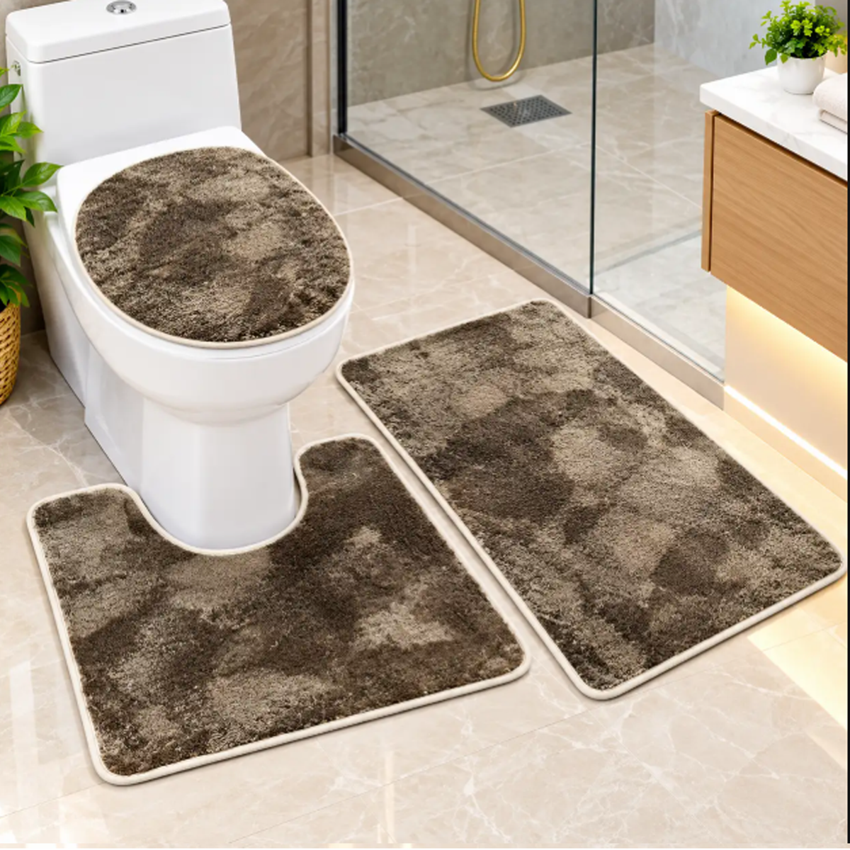 3-Piece Non-Slip Bathroom Mat Set with Toilet Seat Cover - Brown