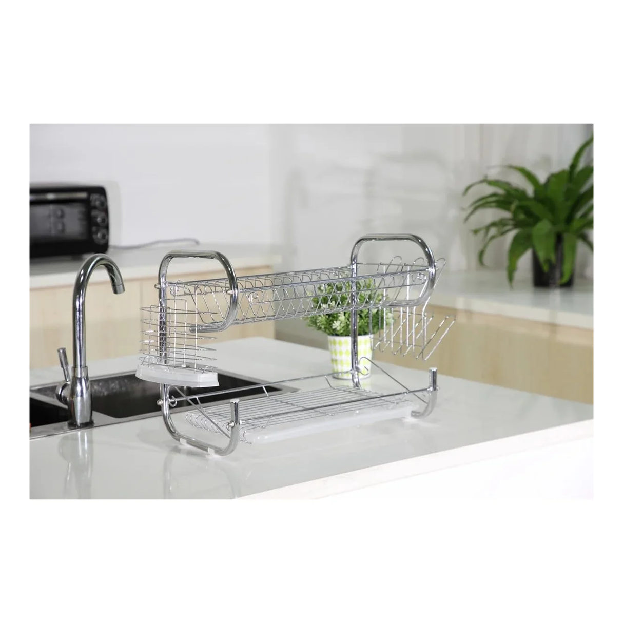 حامل أطباق بطابقين مزود بحامل أدوات مائدة