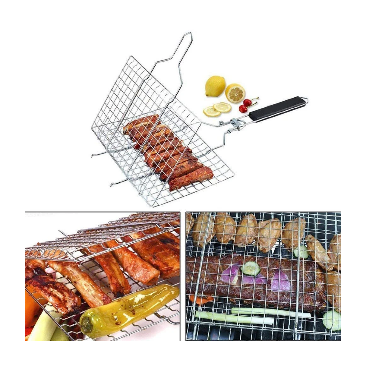 سلة أو شبكة شواء محمولة من الستانلس ستيل للشوي والتحميص على الباربيكيو