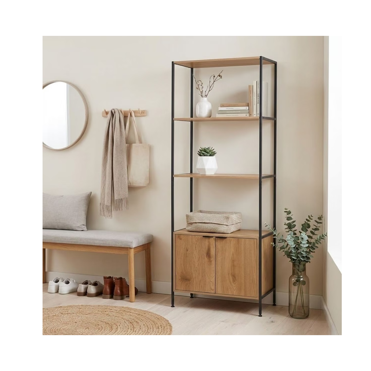 Storage Shelf With 2 Shelves & Double Cabinet – Black/Natural - 177 × 68 × 35 cm