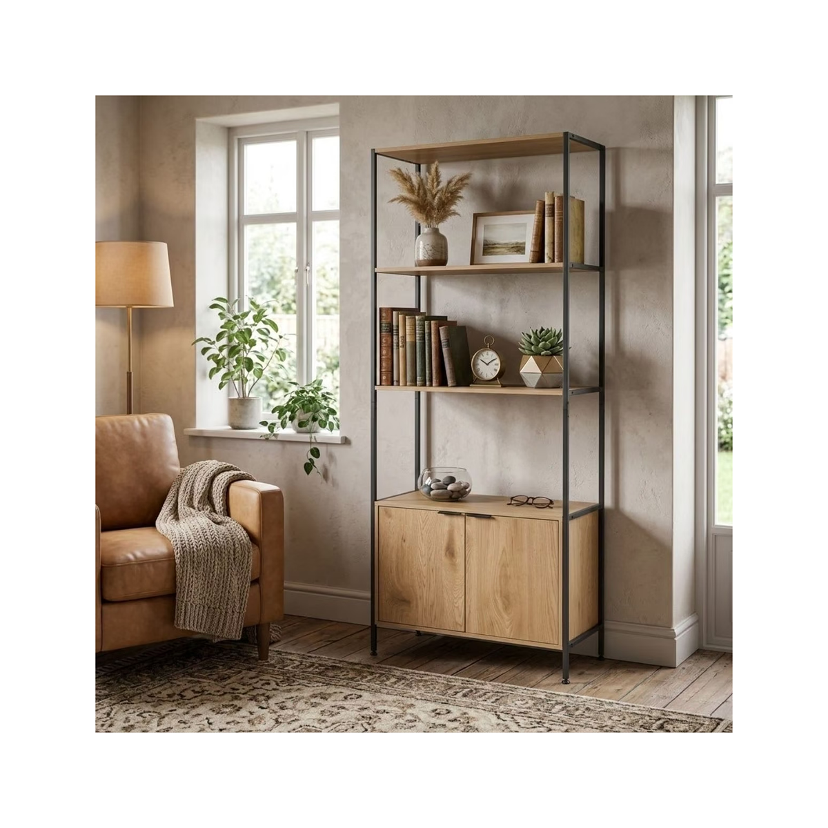 Storage Shelf With 2 Shelves & Double Cabinet – Black/Natural - 177 × 68 × 35 cm