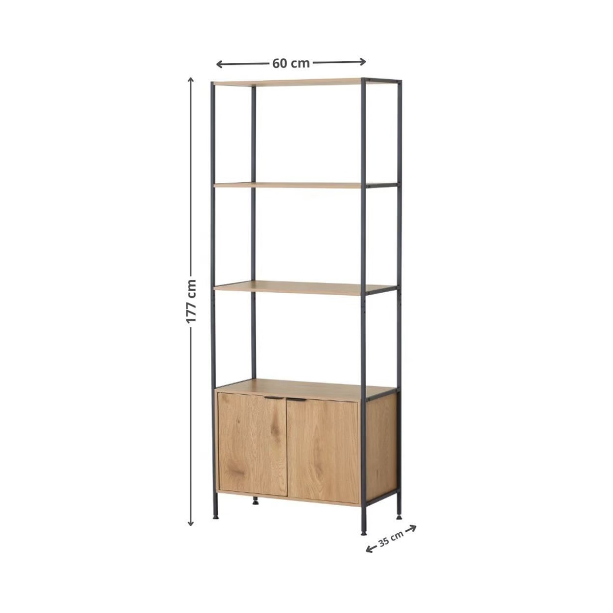 Storage Shelf With 2 Shelves & Double Cabinet – Black/Natural - 177 × 68 × 35 cm