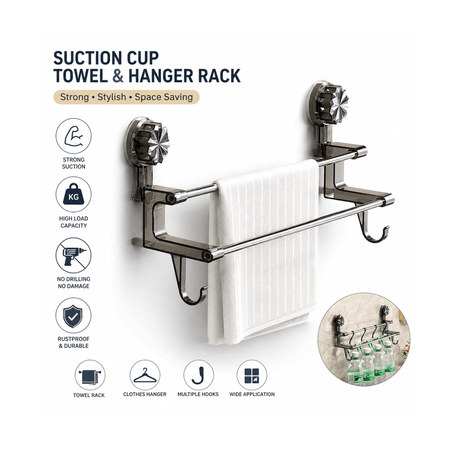 Suction Cup Towel & Hanger Rack – No Drilling Bathroom Organizer