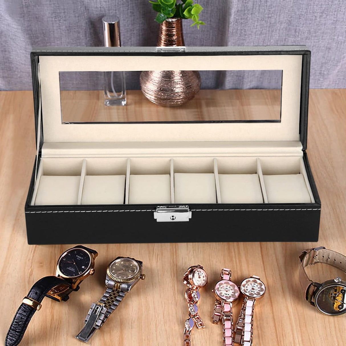 Watch Organizer Box for 6 Watches - Black