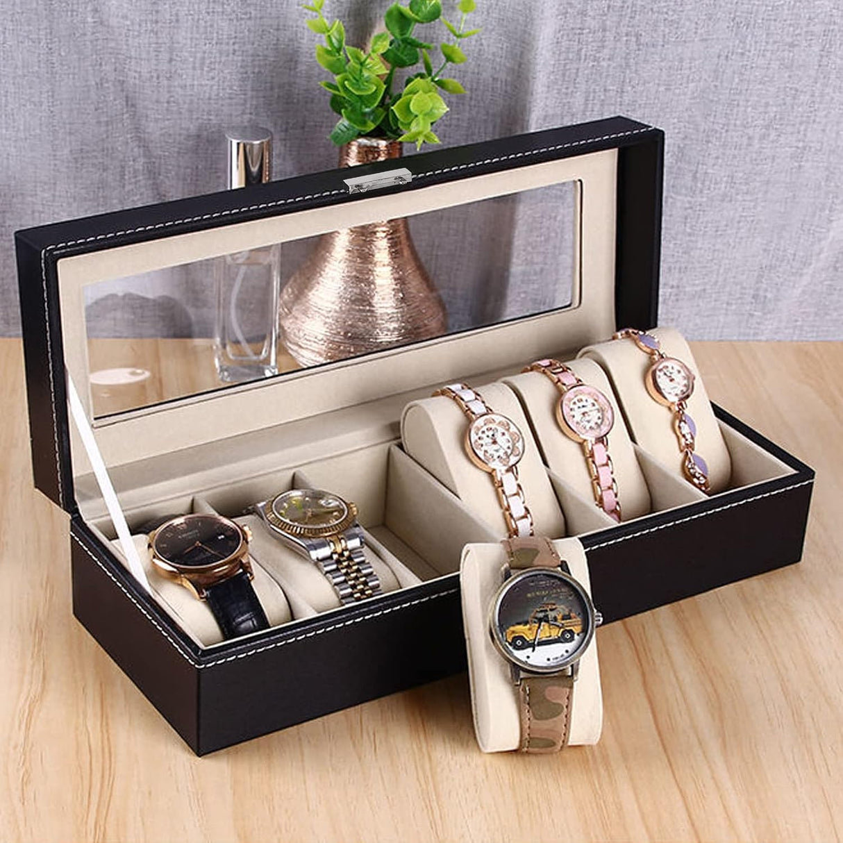 Watch Organizer Box for 6 Watches - Black