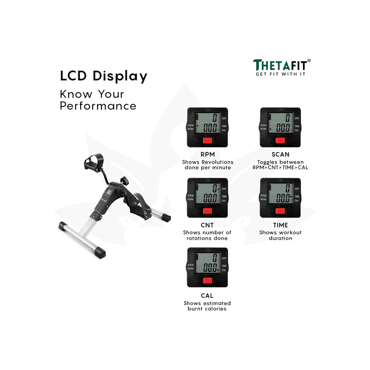 Thetafit® Mini Pedal Exerciser Portable Bike Pedal Exerciser With Calories Tracker Display - Black