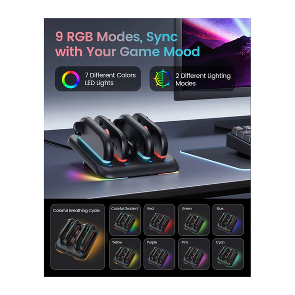 Transnovo Adjustable Stand 4 in 1 Charging Dock with RGB Light for Nintendo Switch 2 Joy-Co