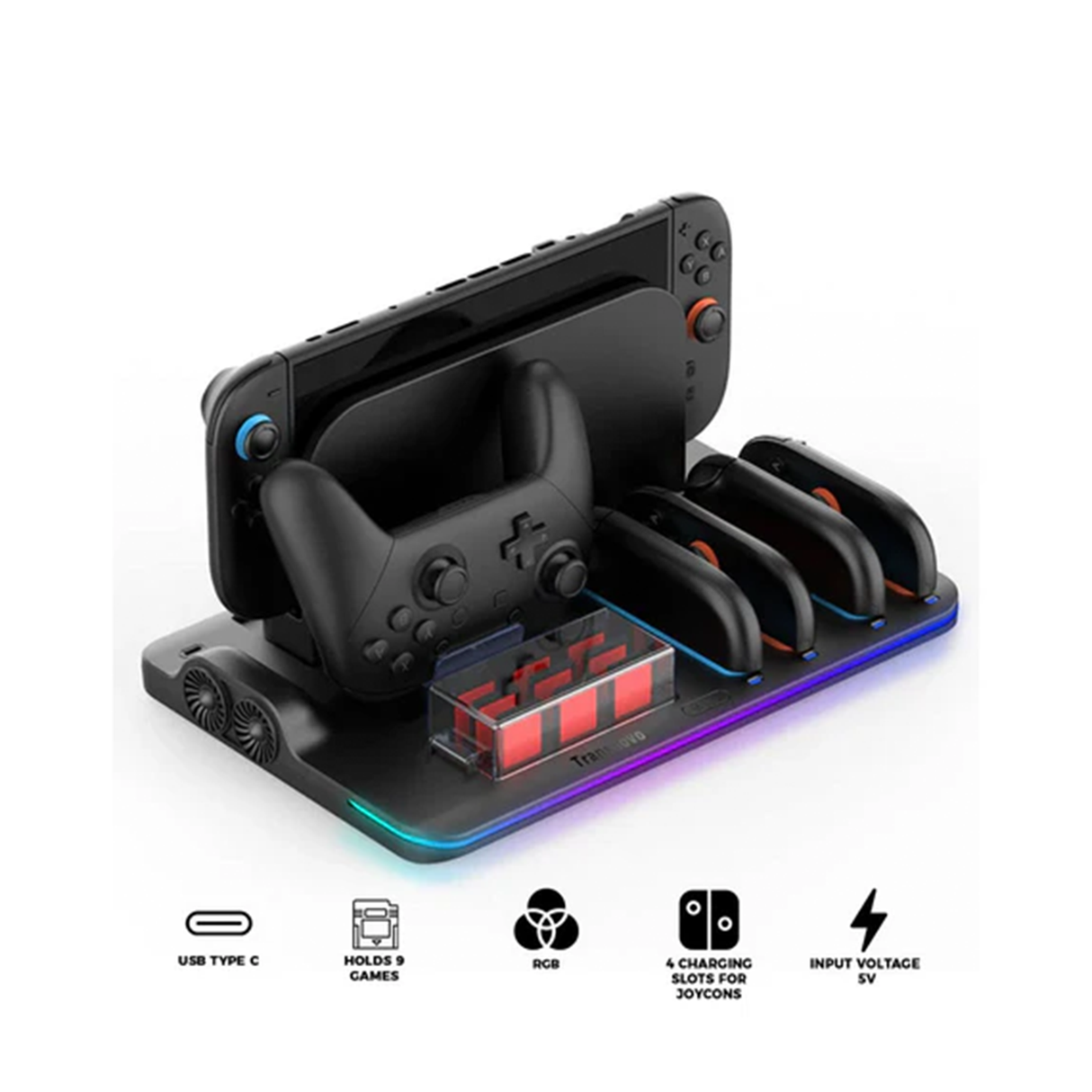 Transnovo Multi-Function RGB Light Charging Dock Station for 4 Joy-Con Controllers with Cooling Fan and 9 Game Card Slots