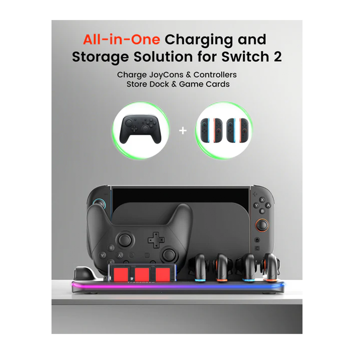Transnovo Multi-Function RGB Light Charging Dock Station for 4 Joy-Con Controllers with Cooling Fan and 9 Game Card Slots
