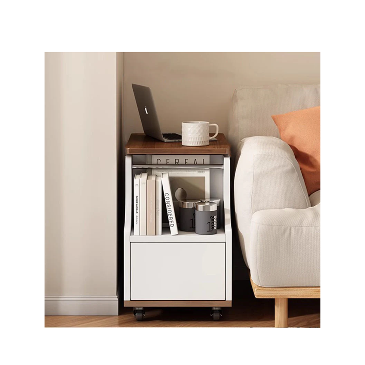 Trapezoid Side Table With 1-Drawer And Rotatable Liftable Top For Bedroom & Living Room