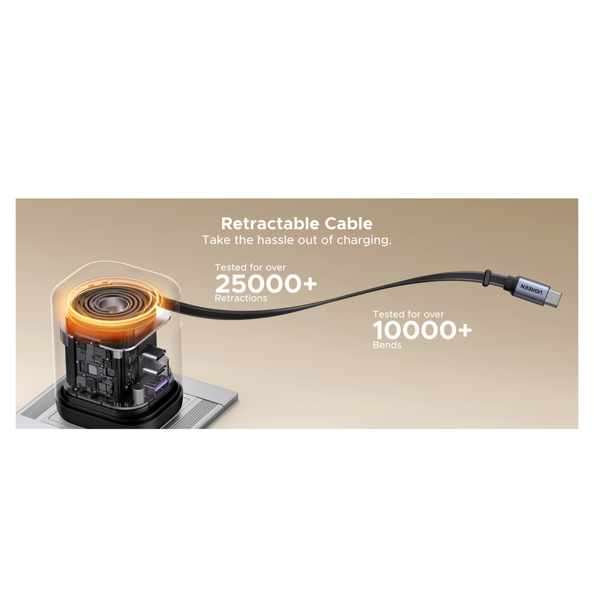 UGREEN 100W GaN Fast Charger With Retractable Cable (3-port) - Space Gray