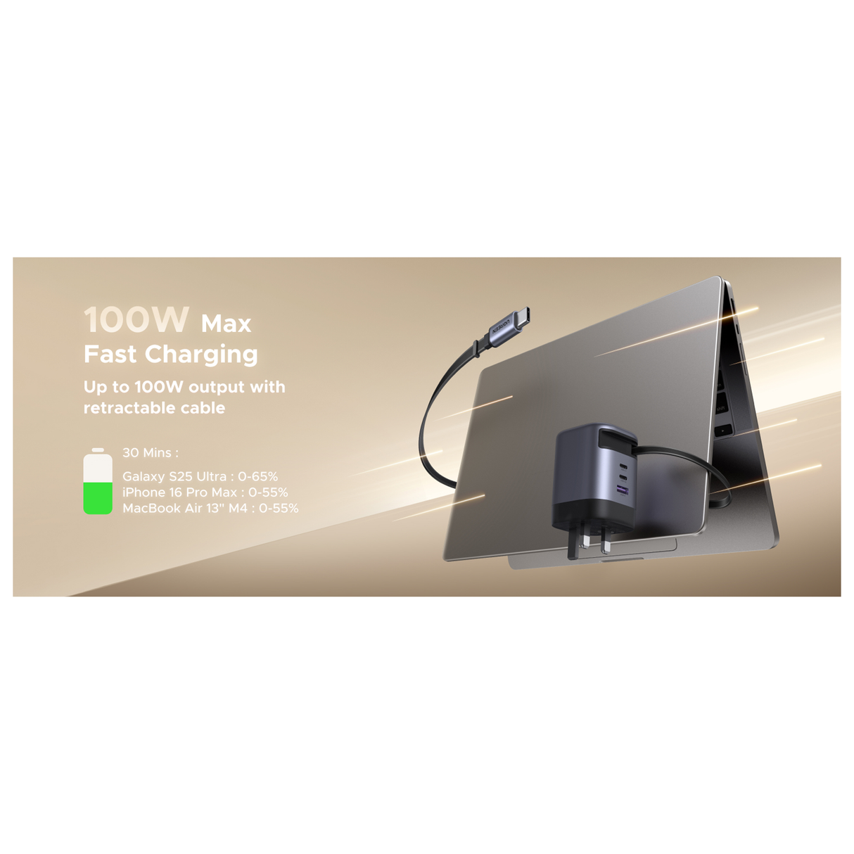 UGREEN 100W GaN Fast Charger With Retractable Cable (3-port) - Space Gray