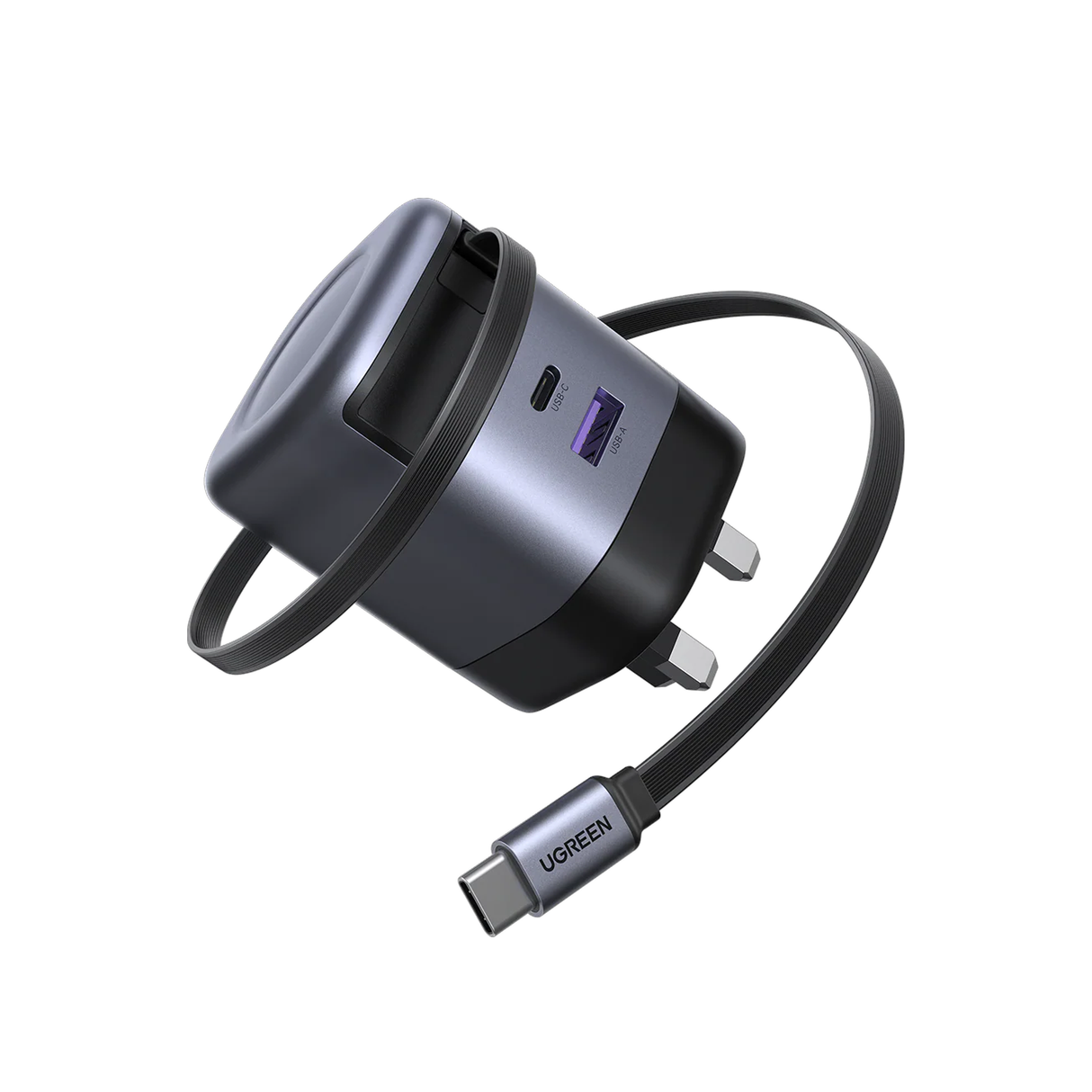 UGREEN 65W GaN Fast Charger With Retractable Cable (2-port) - Space Gray