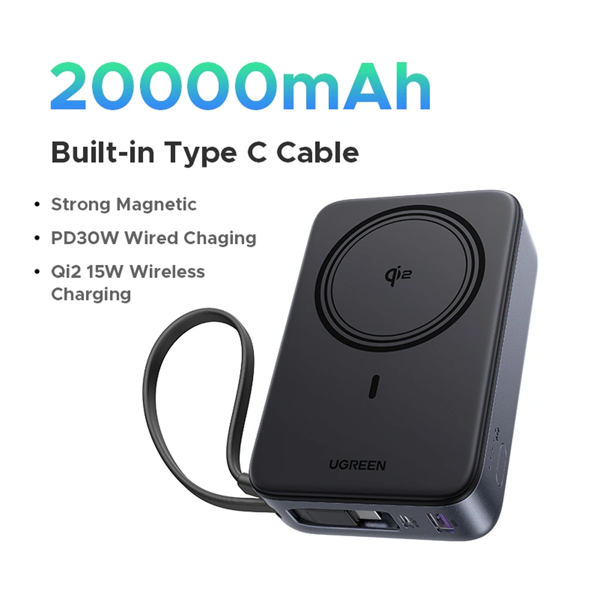 UGREEN Magnetic Wireless Power Bank 10000mAh 30W 1C+15W - Space Gray QI2 PB567