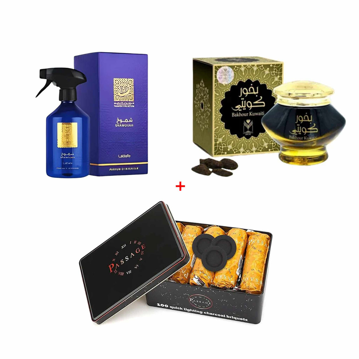 Almas Bakhoor Kuwaiti 40g + Passage Quick Lighting Charcoal Briquets Box 100 PCS 33mm+Lattafa Shamoukh Thameen Home Fragrence 500Ml