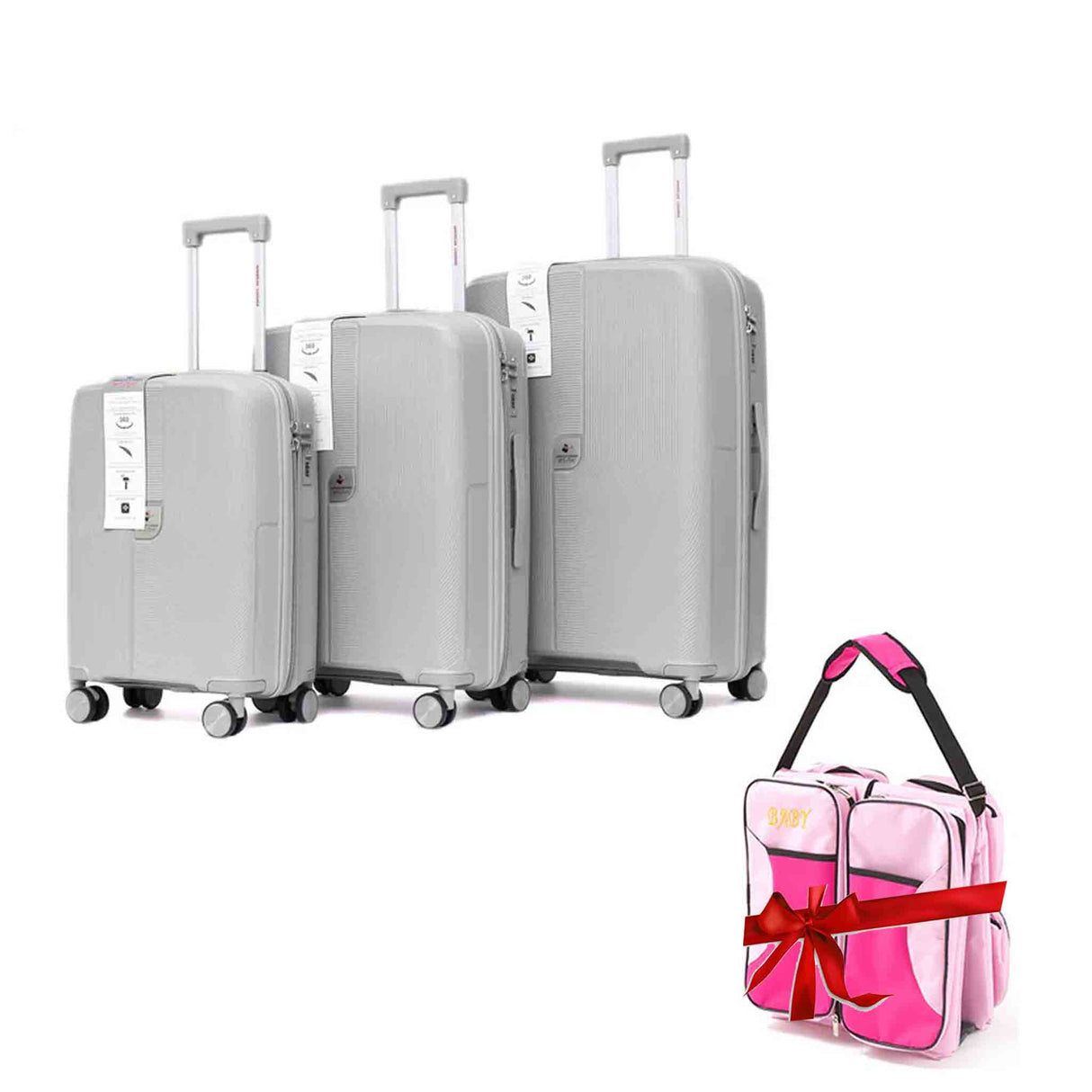 American Luggage 605 50, 61, 7 1cm Set Of 3 Luggage - Silver + Free Portable Baby Essentials Bag Pink