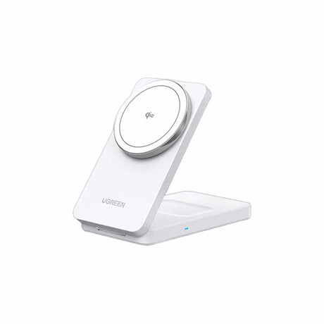 Wireless Charger UGREEN Magnetic White 20W featuring a Qi2 certified tilting magnetic phone stand and a secondary flat earbud charging base in a sleek white finish - Expert-Verified Quality Zayoom Guaranteed
