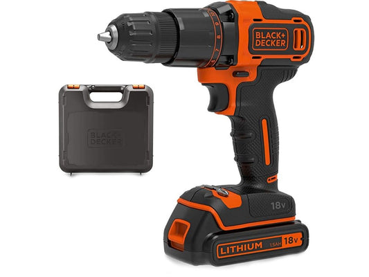 Black+Decker 18 V Cordless 2-Gear Combi Hammer Drill Power Tool with Kitbox