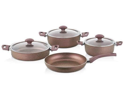 Papilla Fred Series Alumunium 7 PCS Set 20-24CM Casserole, 26CM Flat fry pan with Tempered Glass Lids, with stainless steel rim and steam hole - Copper